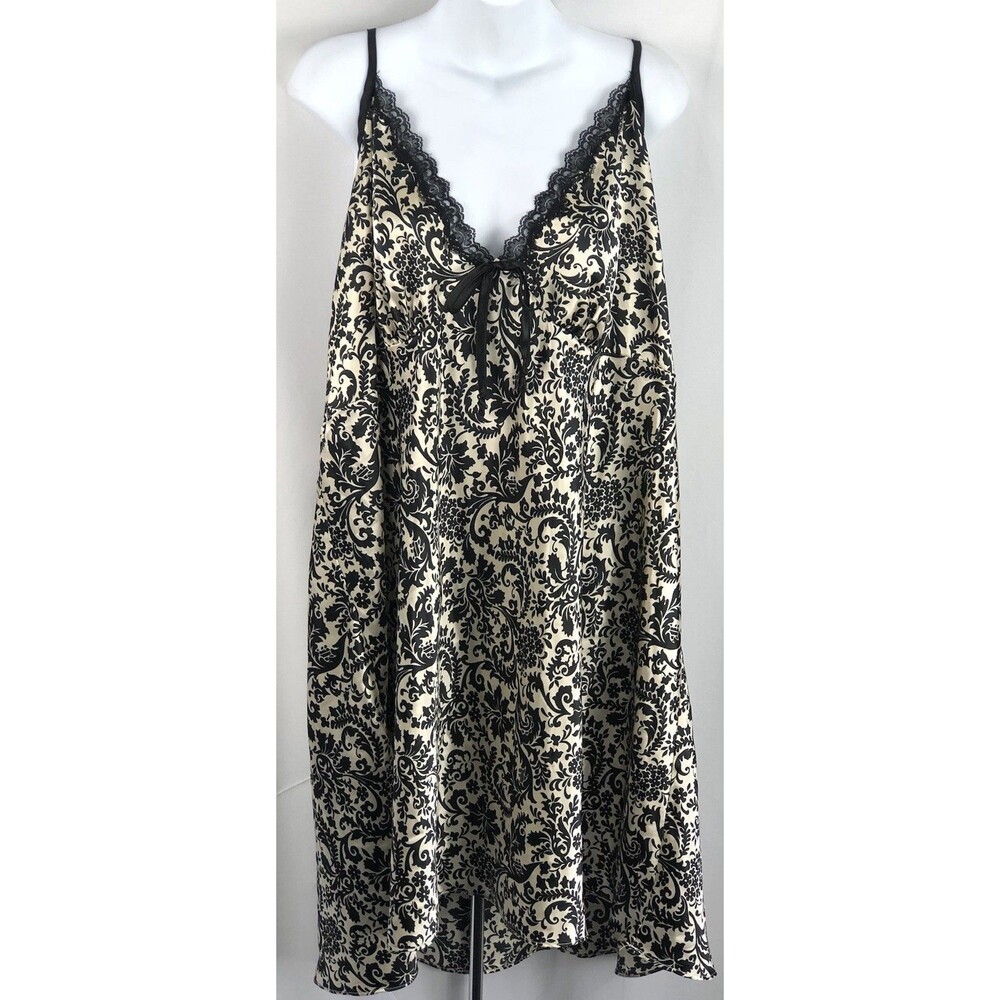 Vintage Satin Babydoll Cami Slip Dress Lingerie Gown 26/28 Gold/Blk Lace 90's